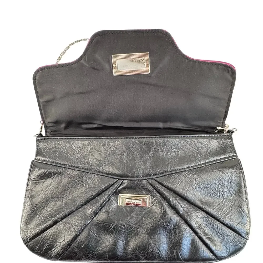 Vintage Black faux Leather Shoulder Bag Pink Trim Y2K Retro Baguette Purse - Picture 3 of 9